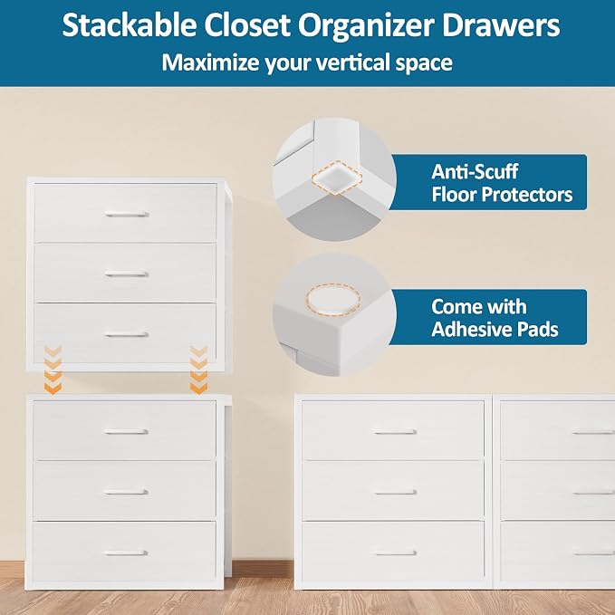 3 Fabric Drawer for Closet Storage: White Stackable Dresser Short Drawers for Clothes Organizer, Low Modular Chest Cabinet for Inside Closet Bedroom Nursery & Small Spaces, 4 Packs