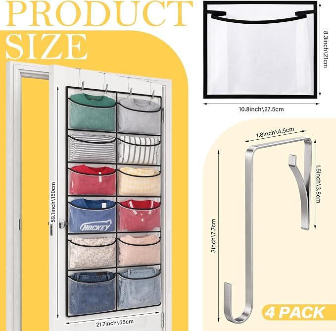 Yookeer Over The Door Hoodie Organizer 12 Large Breathable Mesh Sweatshirt Organizer with 4 Hooks Hanging Pockets Behind Door Holder for Home Dorm Rooms Bedroom Small Spaces Closets Clothing Sundries