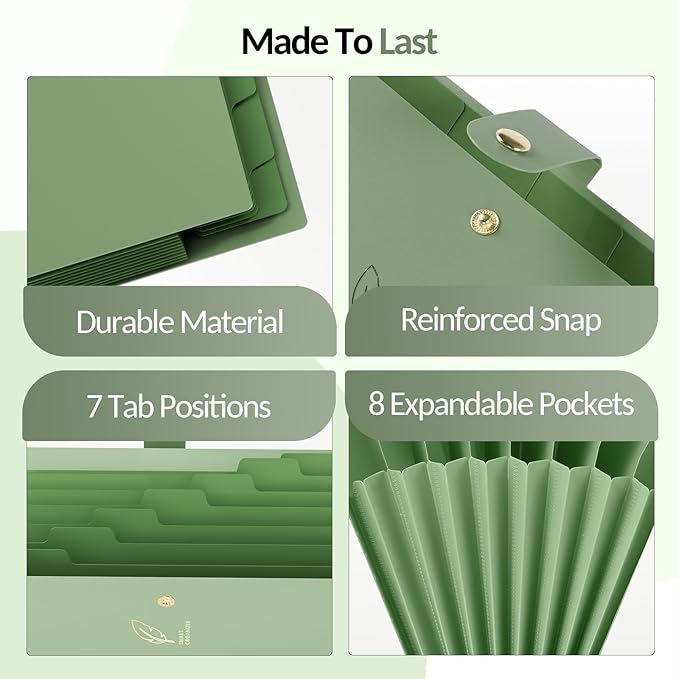 Sooez Aesthetic 8 Pocket Accordion File Organizer, Pastels Expanding File Folder for Important Document with Labels, Portable Receipt Bill Organizer for Office School Supplies, Letter Size Light Green