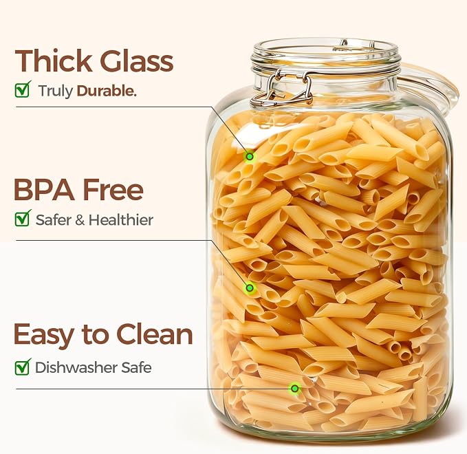 ComSaf Square Glass Jars with Airtight Lid 1.3 Gallon 2 Pack Large Canister | Flour sugar rice, Kombucha pickling, Pantry organization, Bulk storage, Pickling fermenting, Cabinet organization, Snacks