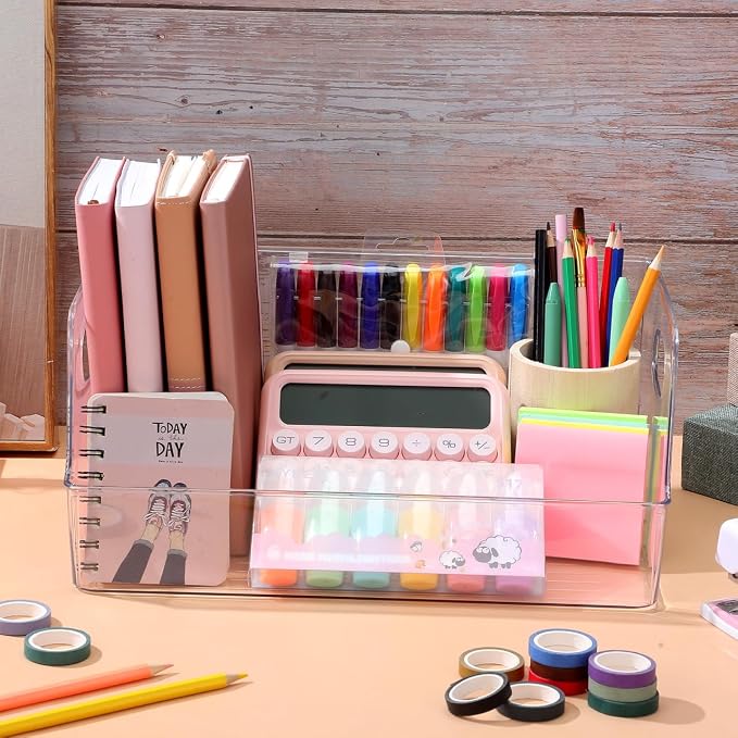 NUOBESTY Clear Storage Bins with Handle Plastic Book Organizer Basket for Classroom Library Office Home Stationery 13.4X8.5X5.9 Inch