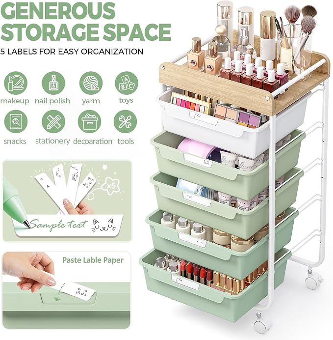 SYKIARIOL Rolling Storage Utility Cart with 5 Drawers,Craft Cart with Wheels,Makeup Organizer,Art Supply and Storage Wooden Tabletop,Green