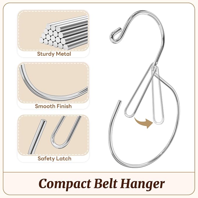 MEILIDY Metal Belt Hanger with Safety Buckle for Closet, Silver, 2 Pcs | Compact Belt Rack, Easy to Hang, Fits for Belts, Ties, Jeans, Scarves, Hats, Purses, Jewelries, Cords, Carabiners