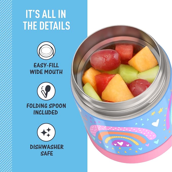 THERMOS FUNTAINER Insulated Food Jar, 10 Ounce, Kid Friendly Food Jar with Foldable Spoon, Rainbow Dreams