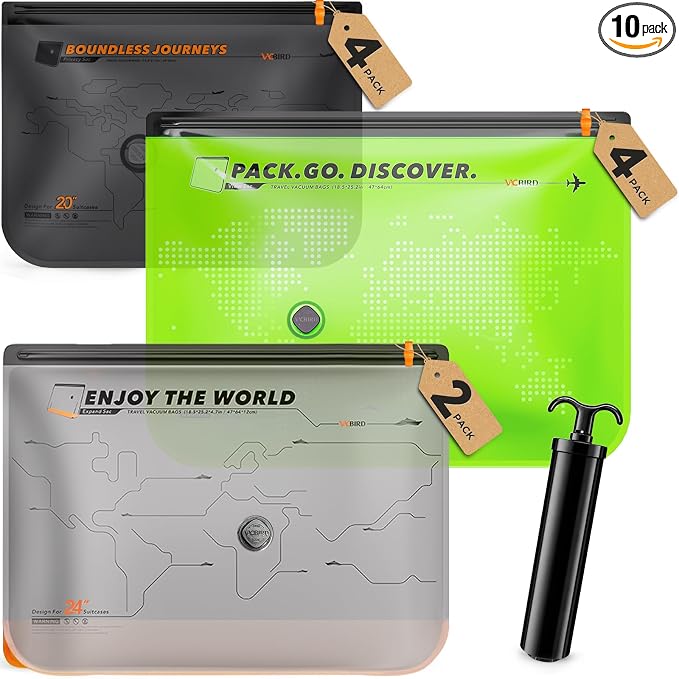 Vacbird 10 Pack Travel Vacuum Bags with Hand Pump, Reusable Waterproof Space Saver for Luggage Clothes Packing