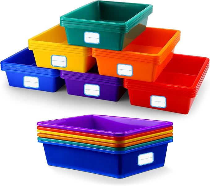 Hoolerry 24 Pack Classroom Cubby Storage Bins Plastic Stackable Storage Bins with Labels Cubby Organizer Containers for Classroom School Toy Book Organization(14 x 10 x 3 Inch,Colorful)
