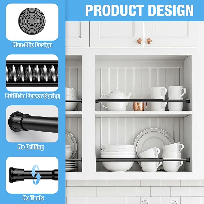 6 Pack Spring Tension Curtain Rods 28-48 Inches,5/8" Diameter Black Spring Load Adjustable Expandable,Small Short Tension Curtain Rod for Windows,Kitchen,Doorway,Bathroom,Cupboard Bars