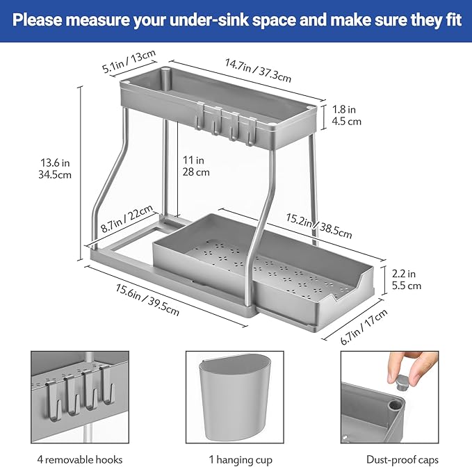 Puricon 2 Pack Under Sink Organizer, 2-Tier L-Shape Sliding Under Sink Organizers and Storage, Under Counter Storage Organizer Pull Out Under Sink Storage for Kitchen Bathroom -Grey