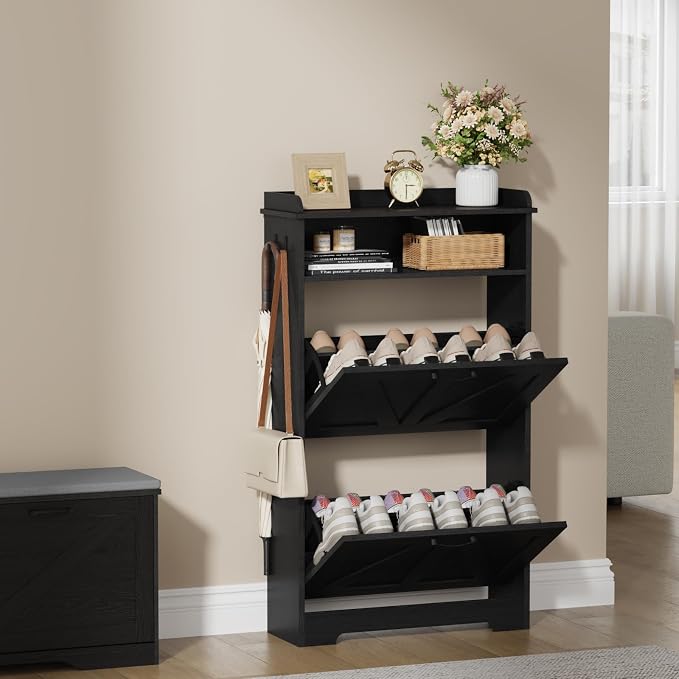 Shoe Cabinet Organizer with 2 Flip Drawers, Farmhouse Narrow Shoe Storage Cabinet with 2 Adjustable Shelves & 2 Hooks, 23.6"W x 8.7"D x 41.8"H Shoe Rack for Entryway, Foyer, Hallway, Black