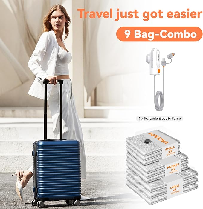 Travel Vacuum Bags with USB & TYPE C Pump, 9 Pack Carry-On Vacuum Storage Bags for Luggage & Suitcase, Vacuum Luggage Bags, Space Saver for Clothes & Travel(Grey)