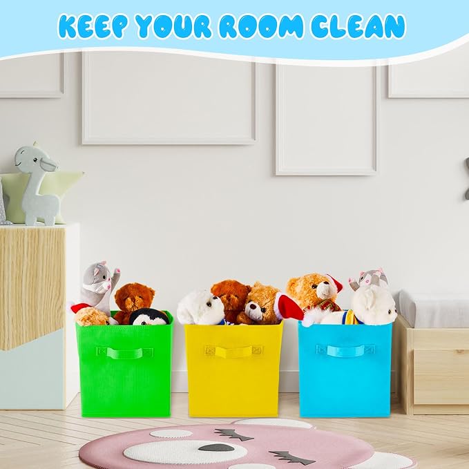 Yinder 12 Pcs Cube Storage Bin 10.5''x10.5''x11'' Storage Bins for Playroom Decor Colorful Bins for Kids Foldable Baskets for Nursery Organizer Boxes Fabric Boxes (Sky Blue, Green, Yellow, Dark Blue)