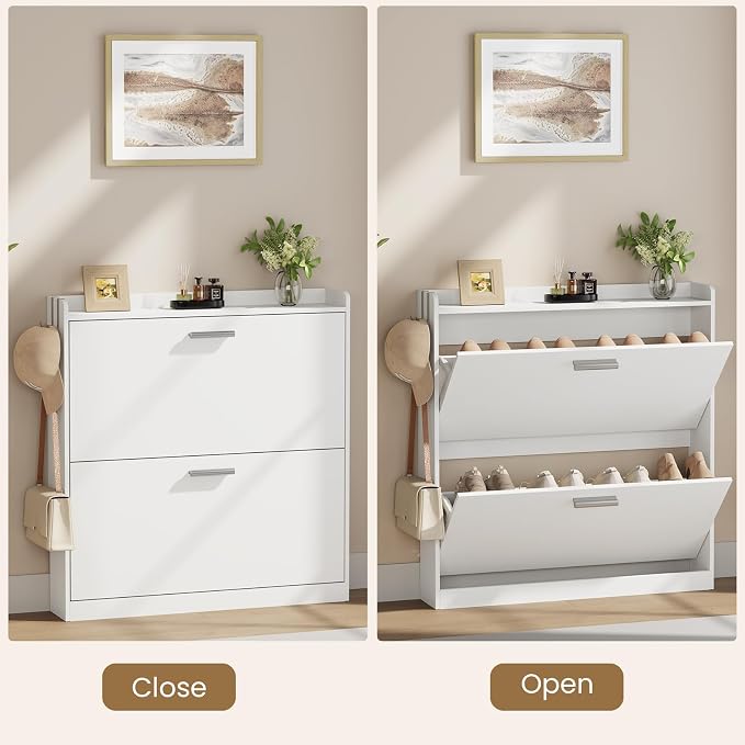 Shoe Cabinet Organizer with 2 Flip Drawers, Freestanding Shoe Rack Cabinet, 31.5" W × 6.3" D × 33.1" H Narrow Shoe Cabinet Storage for Entryway, Foyer, Hallway, White