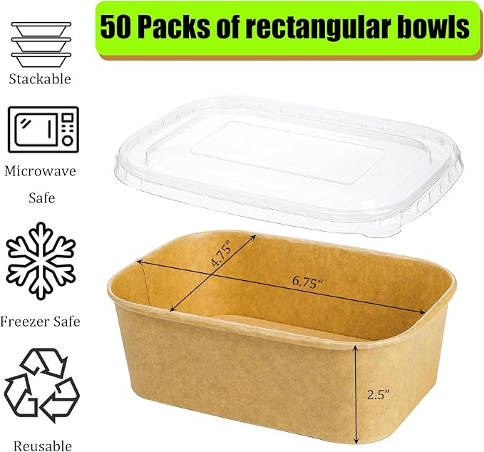 Yesland 50 Pack Compostable Rectangular Kraft Paper Bowls, 25 Oz, Microwave & Freezer Safe, Reusable, Perfect for Take-Out, Office Lunch, Picnic, 6.75 x 4.75 x 2.5 inches