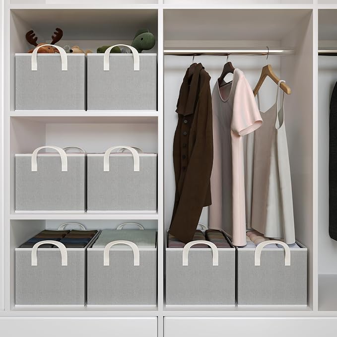 Closet Storage Bins, Fabric Closet Organizers and Storage Basket for Shelves, Collapsible Shelf Baskets for Organizing Shelves, Bedroom Clothes Basket, Gray, 3 Pack