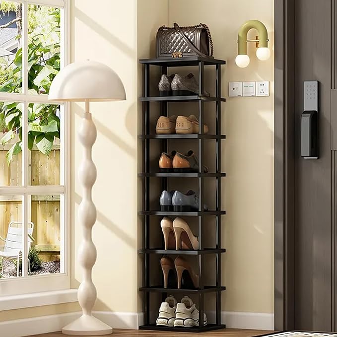 Vertical Shoe Rack - Tall Narrow Shoe Rack Organizer for Small Spaces,7 Tier Bamboo Shoen Shelf for Entryway,Closet,Corner,Doorway,Skinny Shoe Shelf Space Saving Shoe Storage,Free Stackable DIY
