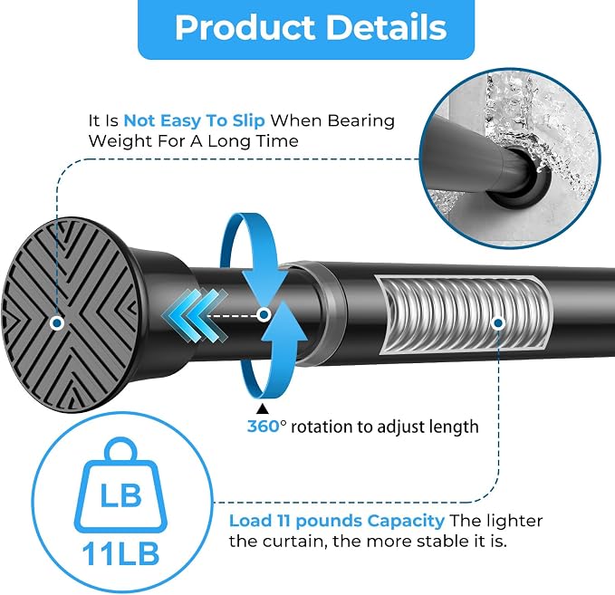 Spring Tension Rods 16-36 Inch, 2Pcs Black Adjustable Tension Curtain Rod, Spring Curtain Rods No Drilling Extendable Short Curtain Rod for Curtains, Closet, Kitchen