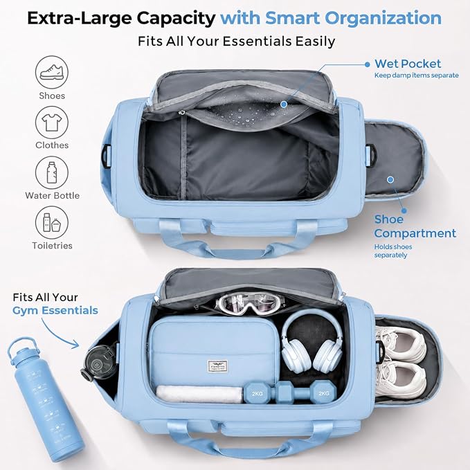 FIORETTO Women's Gym Duffle Bag with Shoes Compartment, 30L Capacity, Ideal for Travel, Gym, Sports, Duffel, Weekender