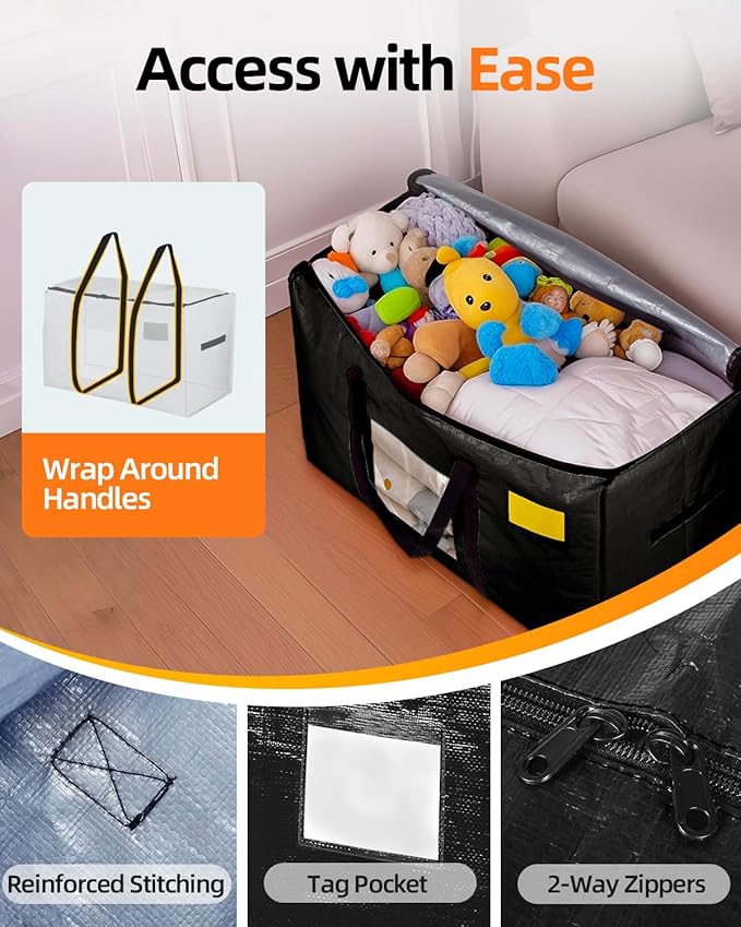 Extra Large Moving Bags, 4 Pack Heavy Duty Storage Bags Boxes Bins Totes with Hnadles Zippers Visible Window for Clothes College Dorm Travel, Black