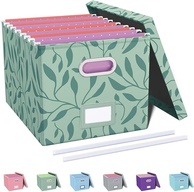 Oterri File Organizer with Lid, File Box, File Cabinet for Letter File Folder Storage, Hanging File Organizer for Office/Decor/Home,Document Organizer, 1 Pack,Leaf Green-Box Only