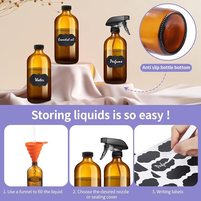 sietpoek 9 Pack Glass Spray Bottle 16oz, Empty Amber Spray Bottle Refillable Container for Essential Oils,Cleaning Products,Aromatherapy spray device