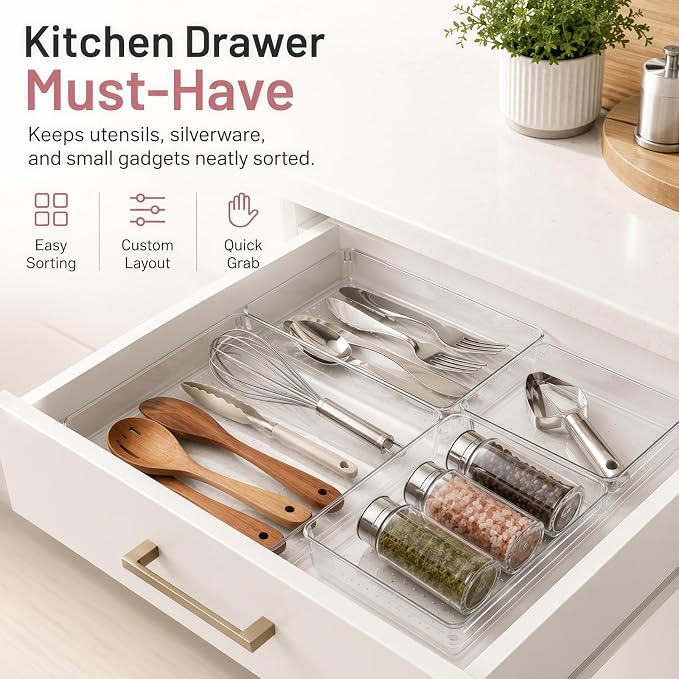 10 Pack Large Drawer Organizer Bins - Clear Plastic Bathroom Drawer Organizer Trays - Heavy Duty Kitchen Drawer Dividers for Utensils - Non-Slip Storage Bins for Makeup, Bedroom, Office Desk