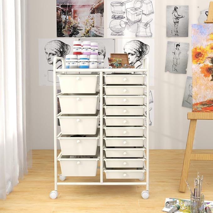 DREAMADE Rolling Cart with 15 Drawers, Rolling Drawer Organizer Cart w/Lockable Wheels, Removable & 2-Sized Storage Drawers, Art Cart for School Home Art Supplies Crafts File Scrapbook