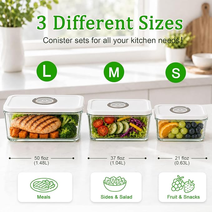 Vacuum Seal Containers,3pcs Glass Vacuum Seal Containers for Food Storage | Food Container Sets with Date Tracking Lid,Stackable Vacuum Containers for Leftovers, Meal Prep, Fridge,Freezer & Pantry