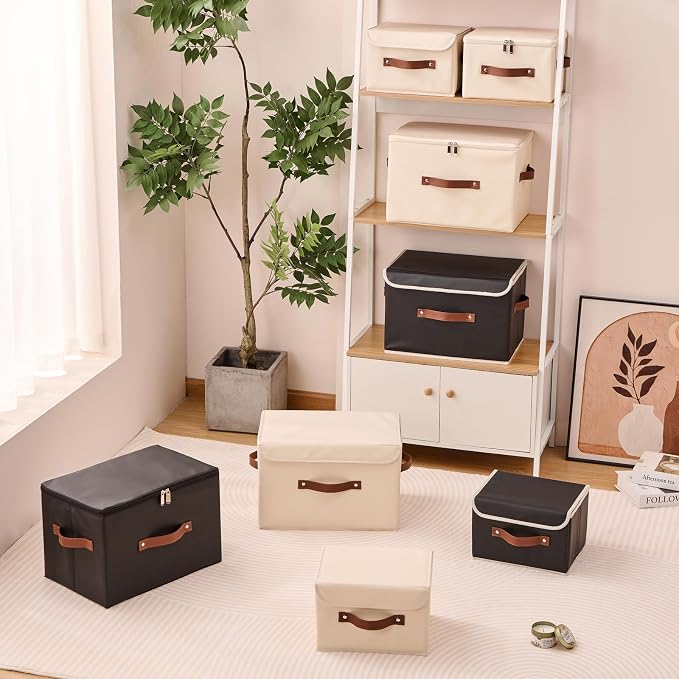 2PCS Storage Bins Box with Lids Decorative PU Leather Fabric Baskets Cubes with Handles PP Plastic Board Foldable Washable Lidded Clothing Shelf Closet Organizer Container (Beige, Large)
