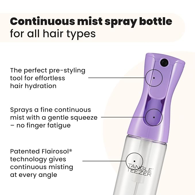 TANGLE TEEZER Fine Mist Spray Bottle, Refillable, 10.1 oz, Lilac | Reusable, refillable fine-mist continuous spray bottle; evenly distributes water or product to refresh, detangle & style hair