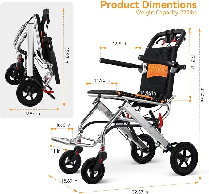 Ultra-Lightweight 19lbs Foldable Transport Wheelchair for Seniors - Portable Aluminum Travel Wheelchair with Carrying Bag, Supports 220lbs Capacity