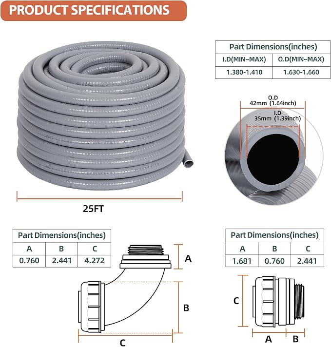 Liquid-Tight Conduit 1-1/4 inch 25ft w/UL Certification | Flexible Electrical Conduit with 5 Straight and 5 90-Degree Conduit Connector Fittings Gray