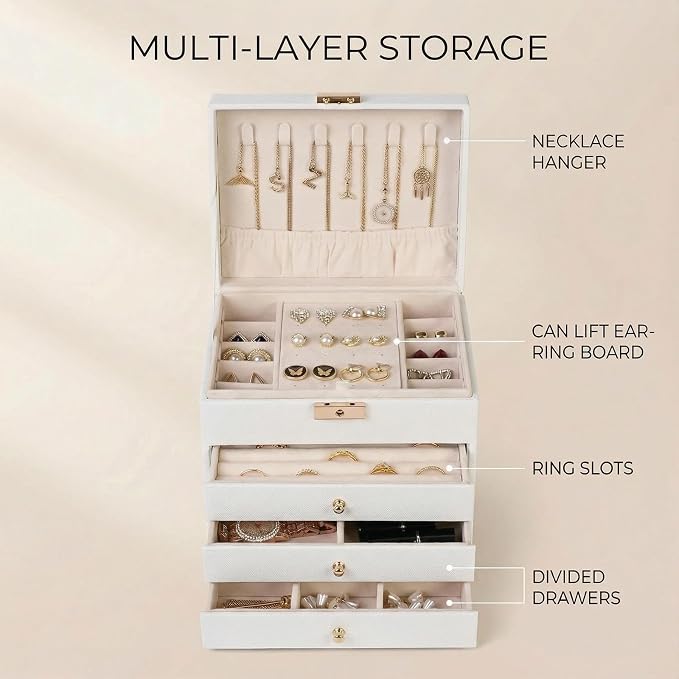 Leather Jewelry Box with Lock for Women, 4-Tier 3-Drawer Jewelry Organizer, Large Capacity Vanity Storage Case for Earrings Rings Necklaces, Gift for Her (White)