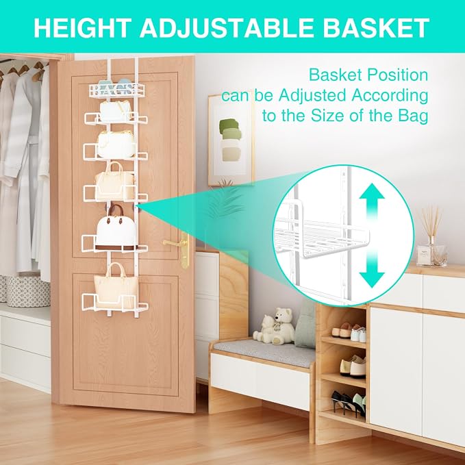 HapiRm Over Door Purse Organizer - Adjustable Purse Storage Rack with Bags Design Metal Basket, Wall Mounted Handbag Organizer, Hanging Handbag Holder, Can Use As 1/2 Part Detachable, White