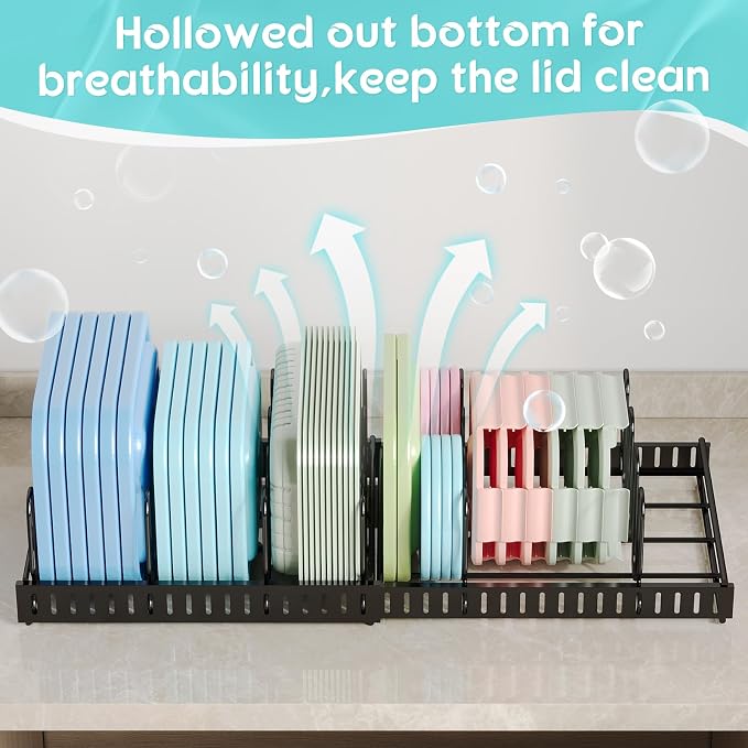 Expandable Food Container Lid Organizer,Large Capacity Adjustable 8 Dividers Detachable Lid Organizer Rack for Cabinets, Cupboards, Pantry Shelves, Drawers Keep Kitchen Tidy,Black 10.2”wide,3.6 Pound.