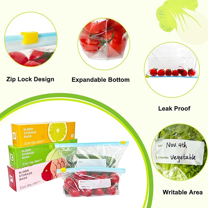 100 Pcs Food Storage Freezer Bags, 3 Sizes Zip Lock Bags, Reusable Ziplock Bags Sandwich Bags with Expandable Bottom, Heavy Duty Zip Seal Food Bags for Fruits, Vegetables, Meat, Grains, Snacks