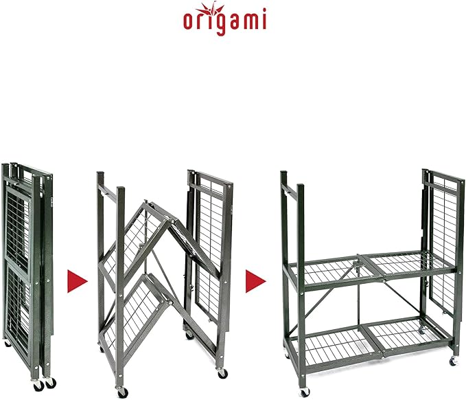Origami 4-Pack R3 Storage Rack, 3-Tier Heavy-Duty Foldable Steel Shelf with Wheels, Pewter