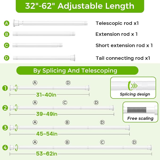 White Shower Curtain Rod 32 to 62 Inches Adjustable, 7/8 Inch Diameter Heavy Duty Tension Curtain Rods No Drill, Rust-Resistant Tension Rod for Bathroom, 2 Pack