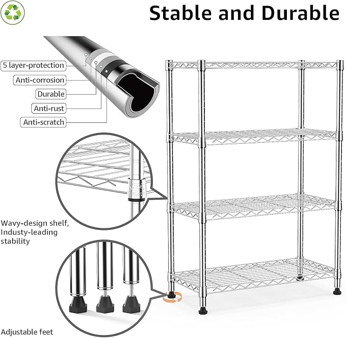 Xcity Storage Shelves, 4 Tier Heavy Duty Metal Shelving Unit, 1600 LBS Adjustable Steel Wire Shelf for Commercial, Pantry, Kitchen, Garage, 14" D x 36" W x 54" H, Chrome