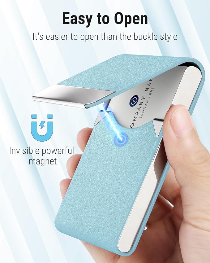 MaxGear Business Card Holder, PU Leather Business Card Case, Light Blue | Stainless Steel Interior, Magnetic Closure, RFID Blocking, Holds 15–25 Standard Business Cards
