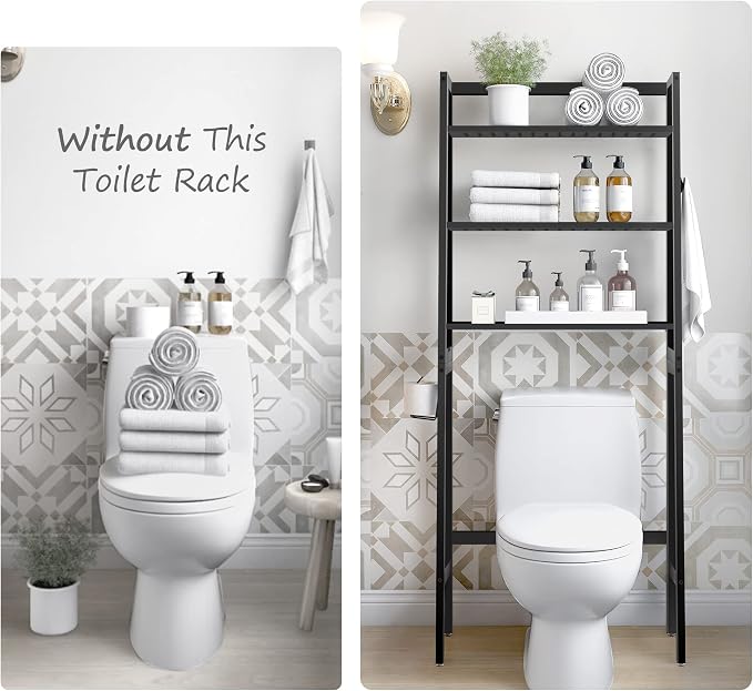 MallKing Over The Toilet Bathroom Organizer, Wooden 3-Tier Over-The-Toilet Storage Rack Bathroom Space Saver Organizer, Freestanding Above Toilet with Toilet Paper Holder and Hooks (Black)