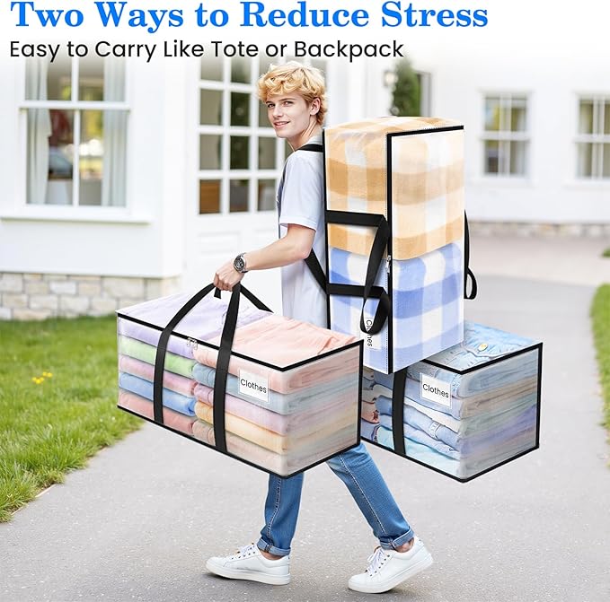 BlissTotes 2-Pack Large Moving Bags with Backpack Straps & Strong Zippers, Heavy-Duty Storage Bags Moving Boxes for Space Saving, Dorms, Transport, 125L-30 Gallons, Clear