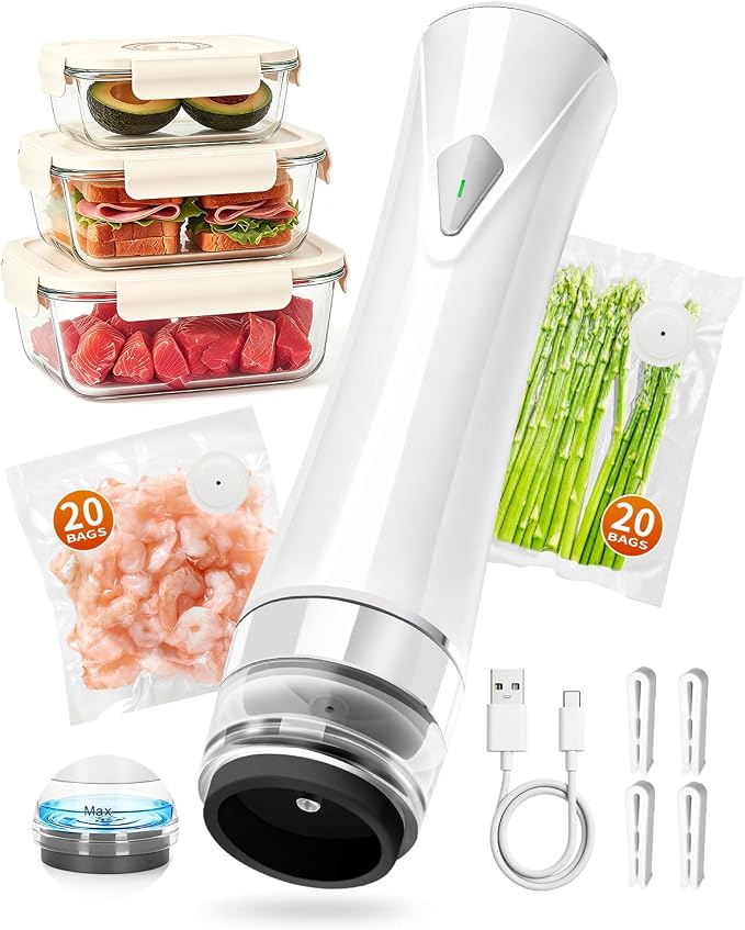 Compact Vacuum Sealer for Food - Portable Handheld Vacuum Sealer Kit : 1 Vacuum Pump, 3 Glass Containers, 40 Reusable Bags & 4 Sealing Clips, 6X Freshness Lock for Kitchen, Meal Prep & Travel