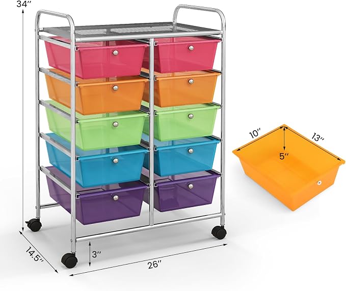 BECOMFORT 10-Drawer Rolling Cart with Drawers, Storage Cart on Wheels, Teacher Classroom Organizers with Metal Frame, Mobile Craft Cart, Trolley Utility Cart for School Office Play Room