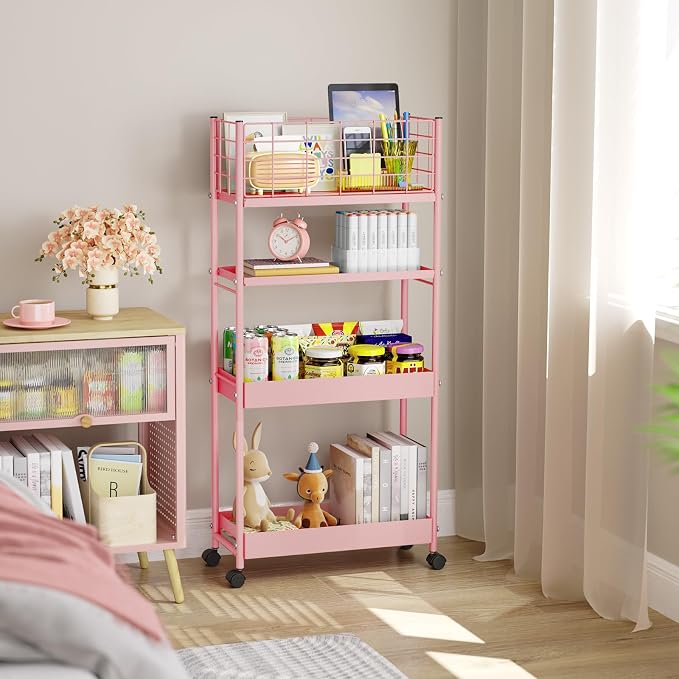 KINGRACK Slim Rolling Storage Cart 4 Tier - Heavy Duty Metal Utility Cart with Raised Edge & Wheels, Narrow Mobile Organizer Shelves for Bathroom, Kitchen, Laundry, Office, Living Room, Pink