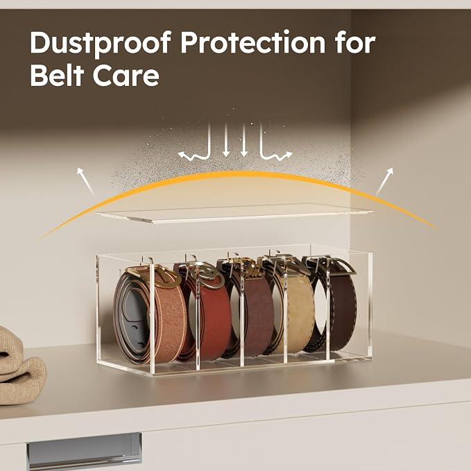FEMELI Acrylic Belt Organizers for Closet 5-Slots Belt box with Dust Cover | Acrylic Clear Shelf Belts Holders for Closet& Drawer Womens Men Belts Tie Jewelry Storage Organizers Case