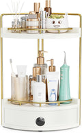 2-Tier Corner Bathroom Counter Organizer with Drawer, White Gold | Embedded Screw Holes, Wooden Countertop Organizers, Space-Saving, Bottom Ventilation Design, Counter Shelf for Vanity
