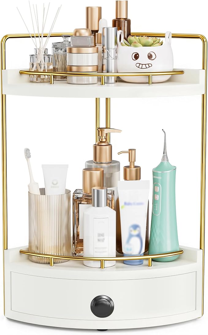 2-Tier Corner Bathroom Counter Organizer with Drawer, White Gold | Embedded Screw Holes, Wooden Countertop Organizers, Space-Saving, Bottom Ventilation Design, Counter Shelf for Vanity