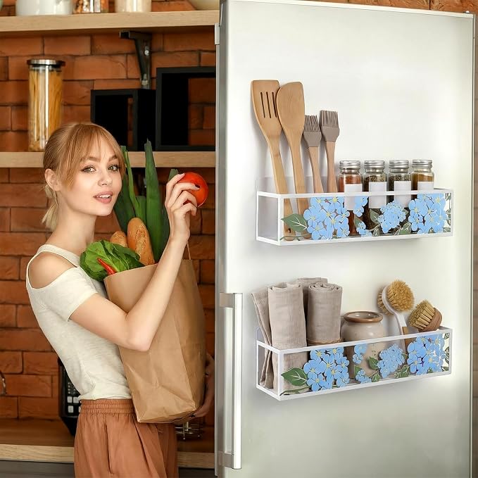 Beeveer 2 Pack Hydrangea Magnetic Fridge Spice Rack Metal Magnetic Storage Basket Organizer for Refrigerator Magnet Shelf for Condiment Seasoning Bottle Kitchen Decor Accessories