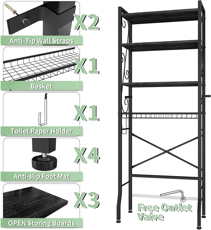 Over-The-Toilet Storage Rack 4-Tier,Bathroom Organizer Shelf Over Toilet,Adjustable Wooden Shelves and Basket,Freestanding Above Toilet Shelf,Space Saver for Rooms(Black Rack-Black Shelves)