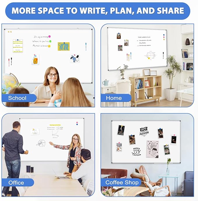 WALGLASS Large Whiteboard, 48" x 36" Double-Sided Large Dry Erase White Board for Wall, Hanging Whiteboard with Silver Aluminium Frame for Home, School, Office, Kitchen